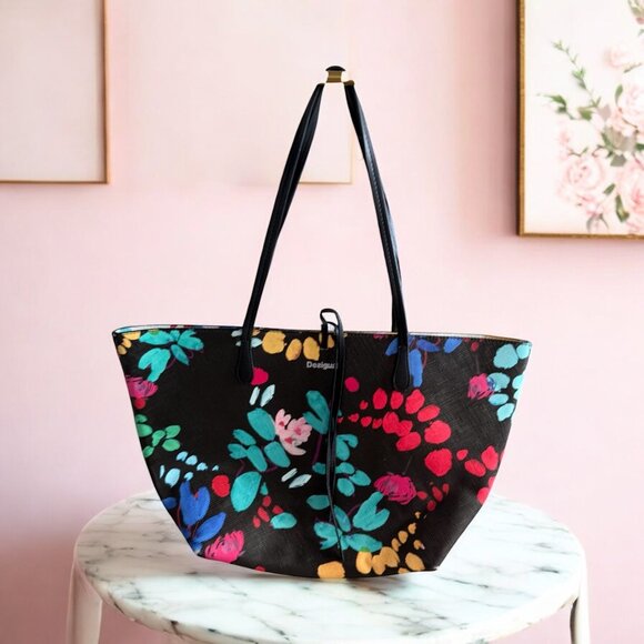 DESIGUAL Multicolor Flora Fauna Reversible Large Shoulder Tote Bag - Picture 1 of 7